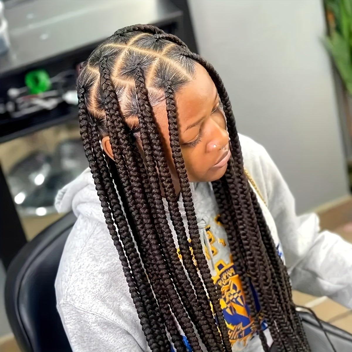 36" Full Lace Front Wig for Women - Knotless Box Braided Synthetic Hair, High-Density 180%, Black with Natural Highlights, Perfect for Casual Attire or Special Occasions